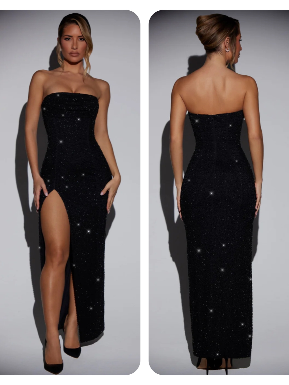 Oh Polly La Rochette Embellished Bandeau Cowl Neck Formal Slit Maxi Dress Black